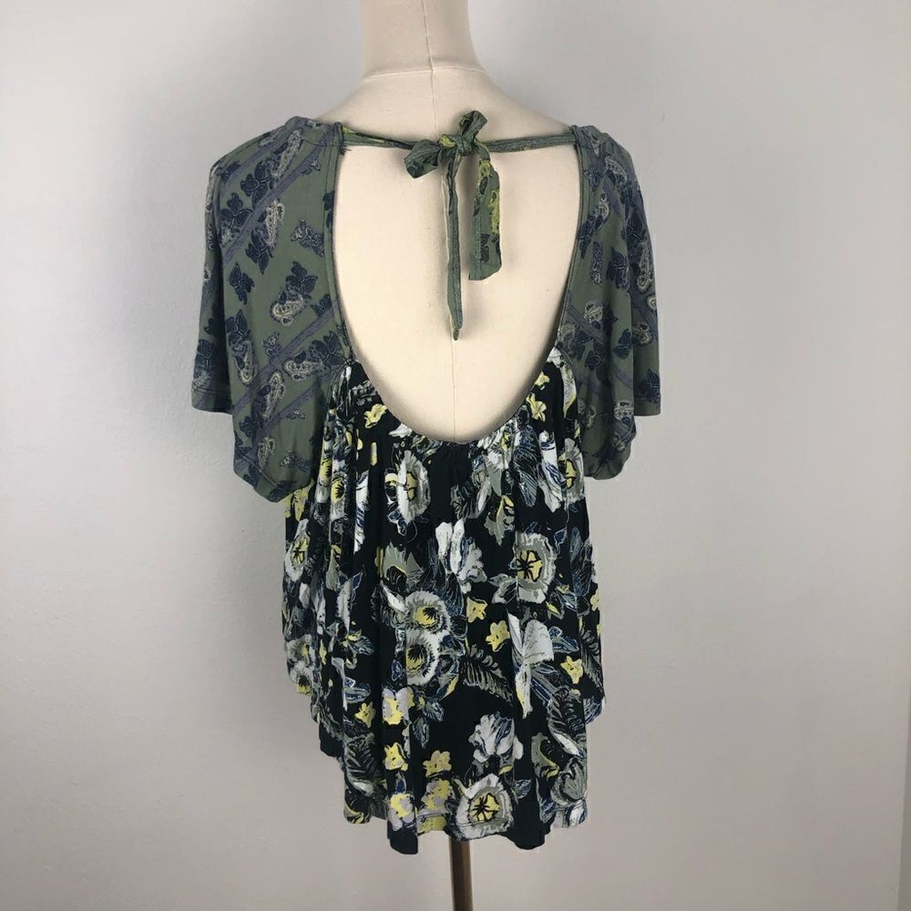 Free People Cold Shoulder Black Floral Top Boho Loose Fit CottageCore Medium - Picture 1 of 12